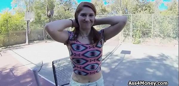  Blown by broke redhead teen at tennis court